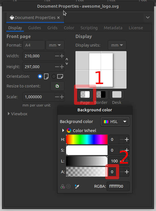 Inkscape: fenêtre pour régler la couleur du fond, dont la transparence